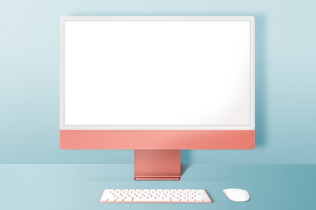 Foto gratuita dispositivo digital de pantalla de escritorio de computadora naranja pastel con espacio de diseño