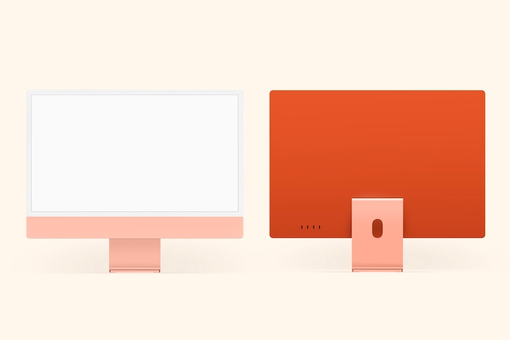 Foto gratuito dispositivo digital de pantalla de escritorio de computadora naranja pastel con espacio de diseño