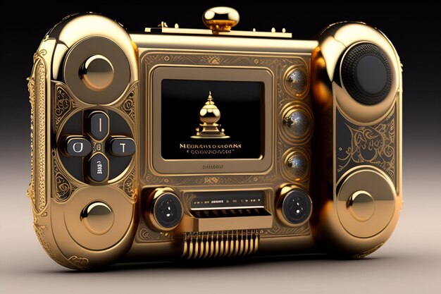 Un dispositivo dorado con una cubierta dorada que dice la palabra estado.