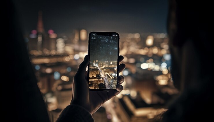 Foto gratuito el dispositivo de mano captura el impresionante horizonte de la ciudad por la noche generado por ia