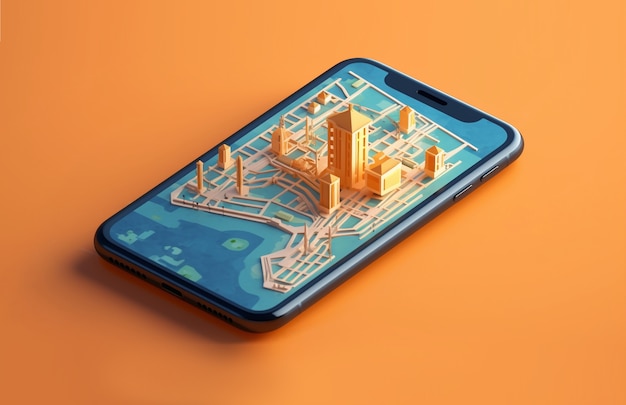 Foto gratuita dispositivo de teléfono inteligente 3d con tecnología de mapa y gps