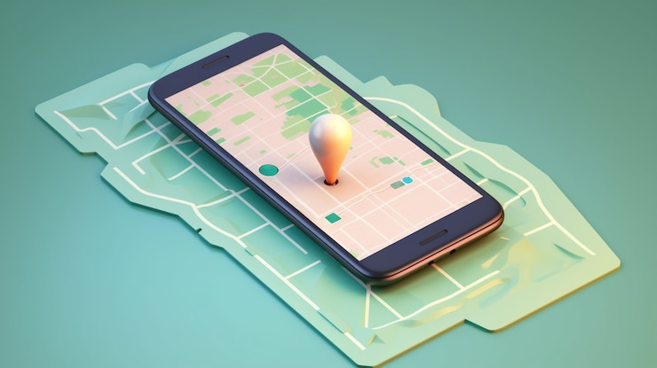Foto gratuito dispositivo de teléfono inteligente 3d con tecnología de mapa y gps