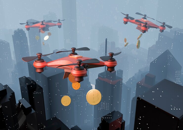 Foto gratuito distribución de criptomonedas con drones de alto ángulo.