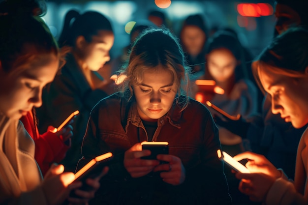 Foto gratuita diverse people addicted to their smart devices scrolling through and looking into their screens