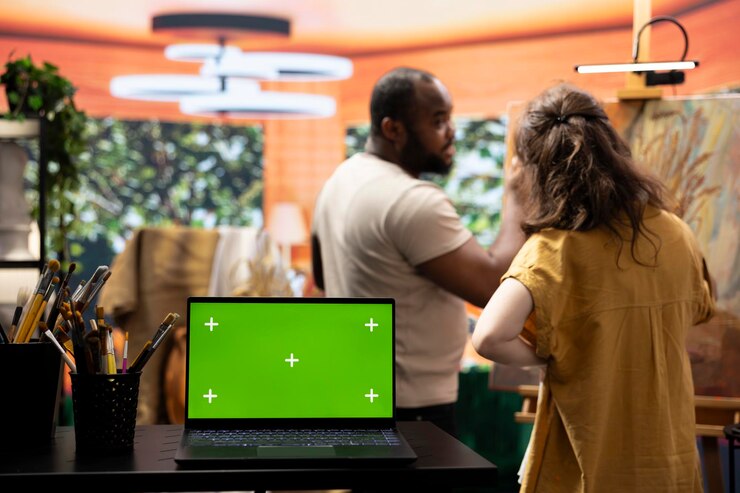 Foto gratuito diversos artistas pintando en lienzo junto a la pantalla verde