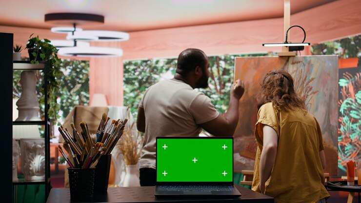 Foto gratuito diversos artistas trabajando en una nueva pintura en el taller junto a la pantalla verde