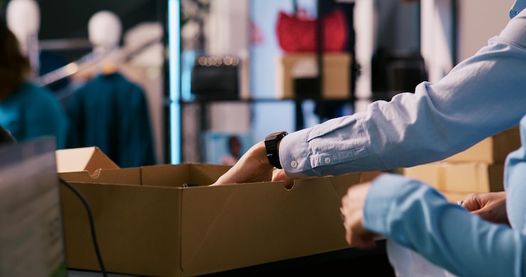 Foto gratuito diversos empleados trabajan en los pedidos de los clientes, poniendo ropa de moda en cajas de cartón en la tienda de ropa. trabajadores de boutiques preparando paquetes para su entrega en el centro comercial. concepto de moda
