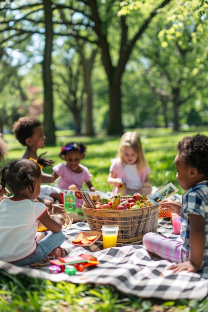 Foto gratuita diversos niños disfrutando del día de picnic