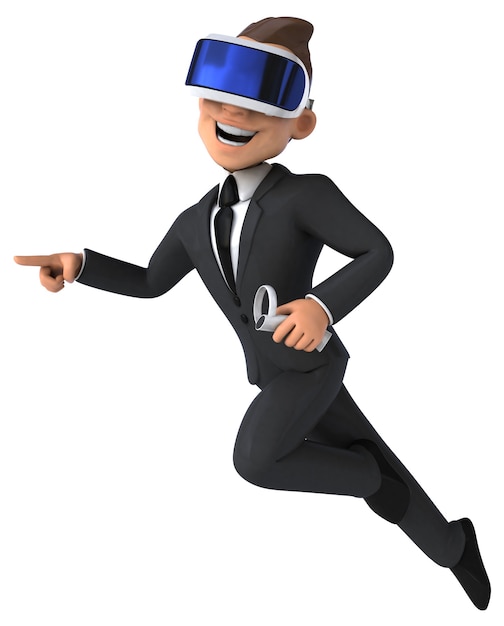 Divertida ilustración 3D de un empresario de dibujos animados con un casco de realidad virtual
