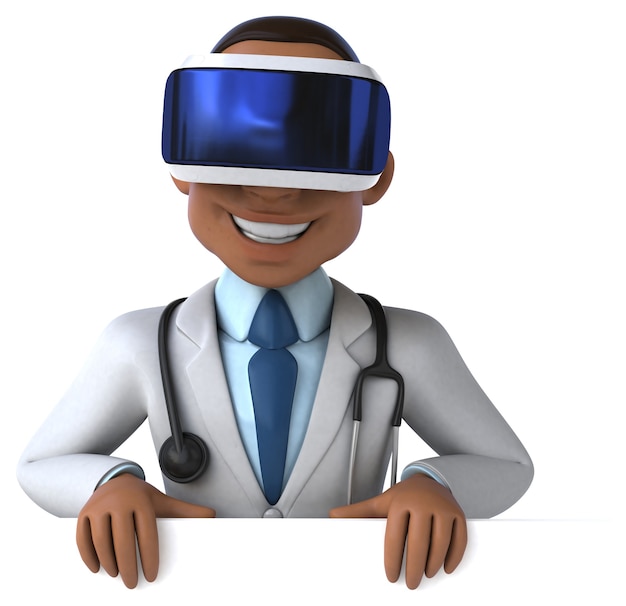 Divertida ilustración 3D de un médico con un casco de realidad virtual
