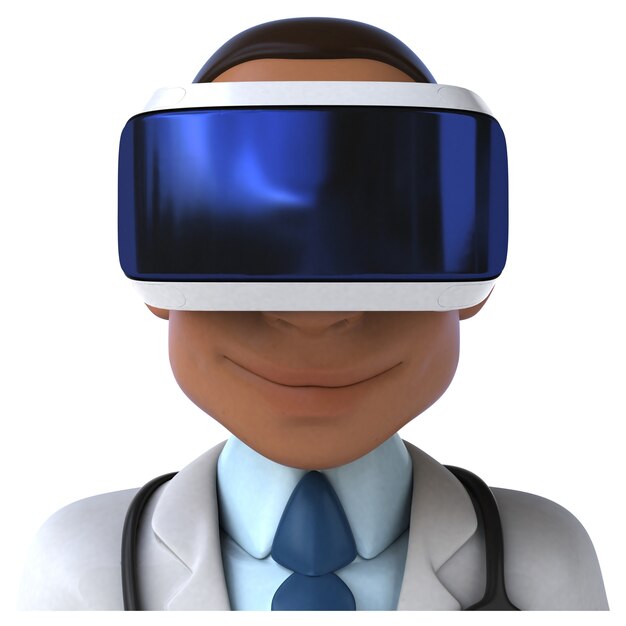 Divertida ilustración 3D de un médico con un casco de realidad virtual