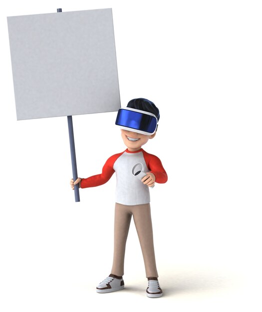 Divertida ilustración 3D de un niño de dibujos animados con un casco de realidad virtual