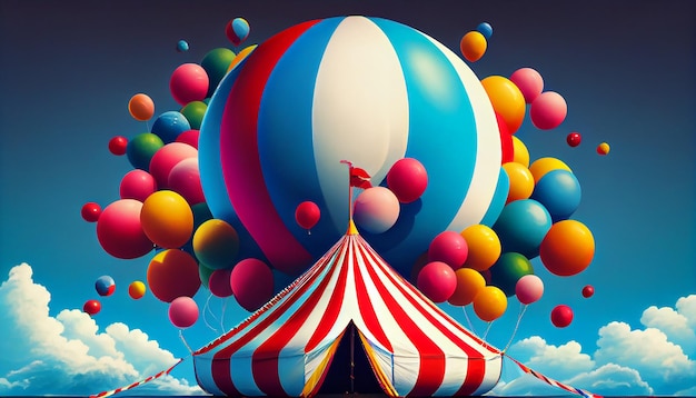 Una divertida ilustración colorida de un globo aerostático volando sobre un fondo rayado generado por IA