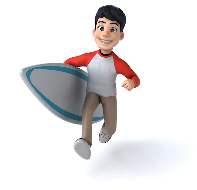 Divertido adolescente asiático en 3D con una tabla de surf