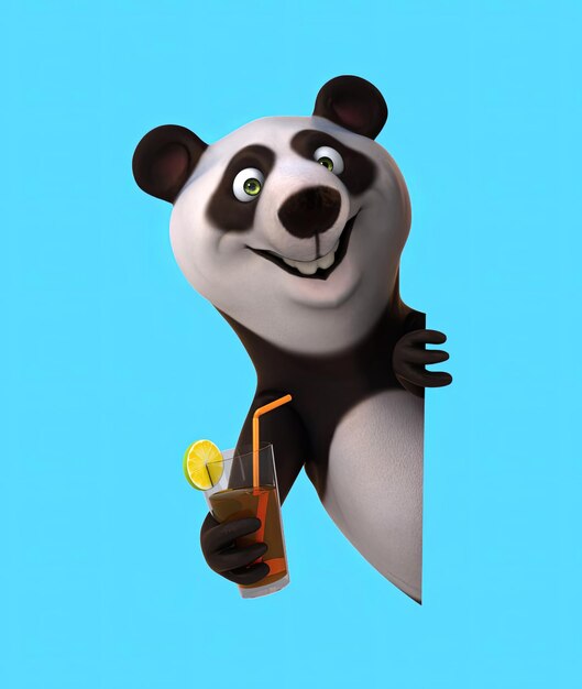 Divertido panda de dibujos animados en 3D con un cóctel