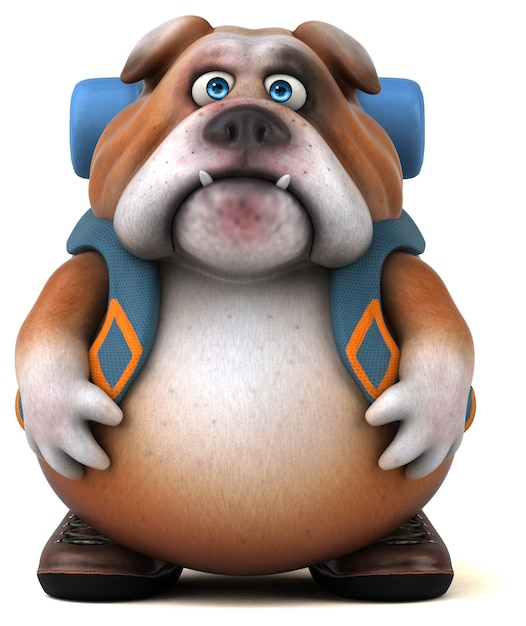 Divertido personaje de dibujos animados de bulldog mochilero