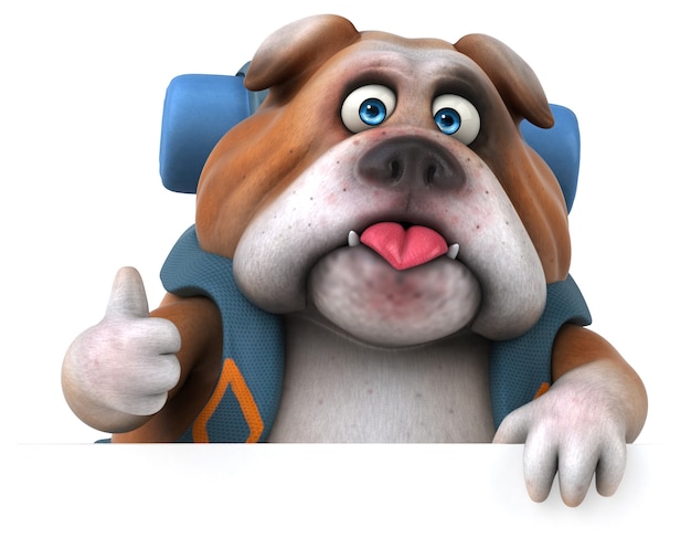 Divertido personaje de dibujos animados de bulldog mochilero