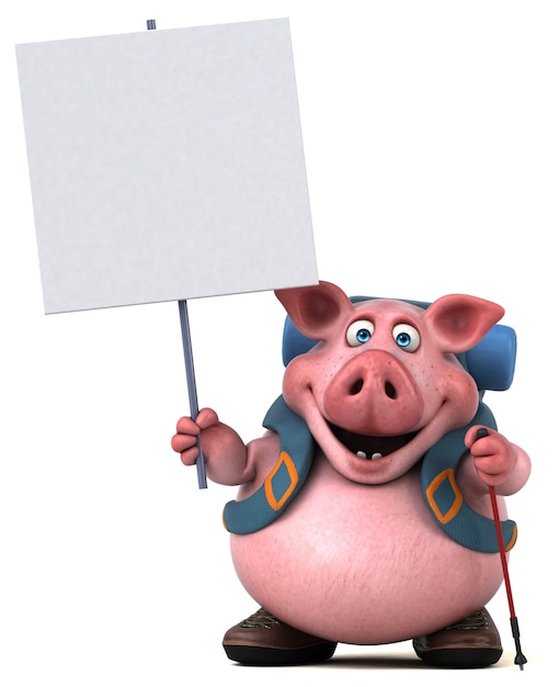 Foto gratuita divertido personaje de dibujos animados de cerdo mochilero