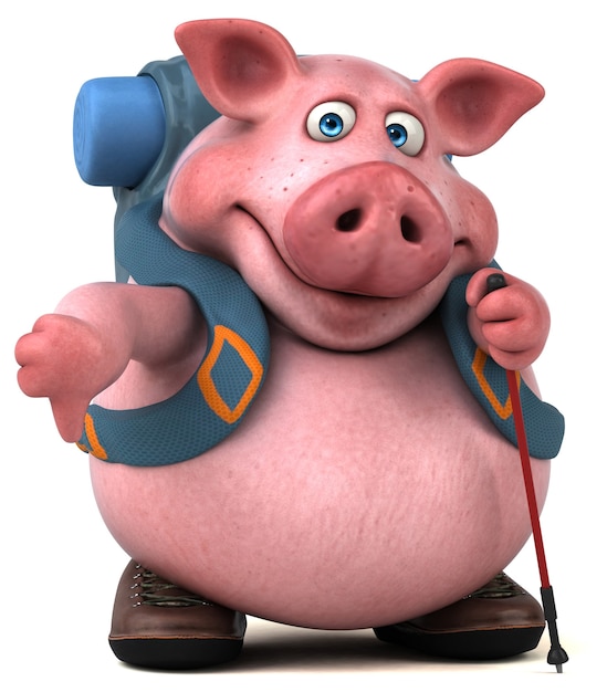 Divertido personaje de dibujos animados de cerdo mochilero