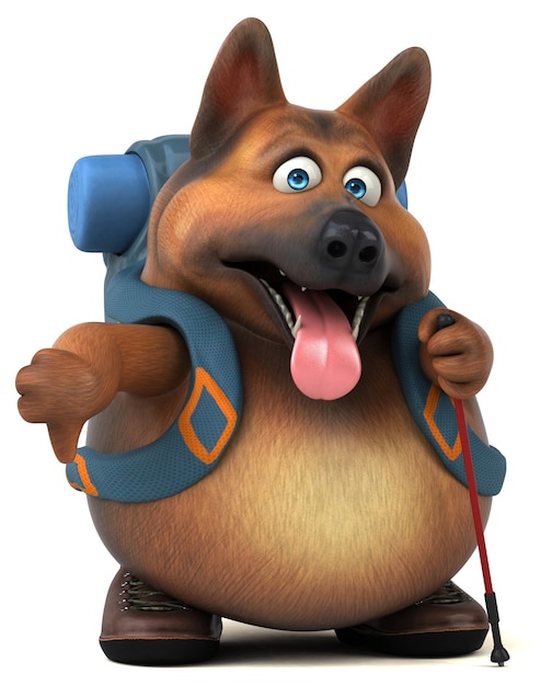 Divertido personaje de dibujos animados de perro pastor alemán mochilero