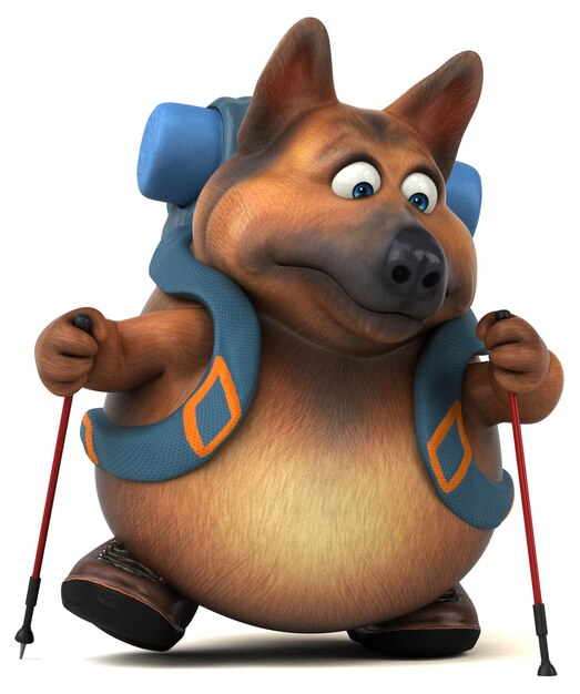 Divertido personaje de dibujos animados de perro pastor alemán mochilero