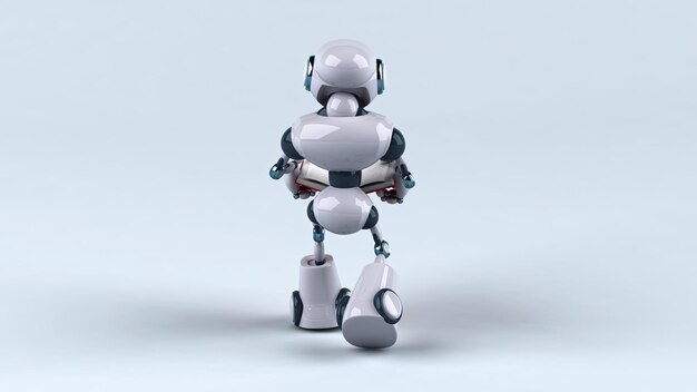 Divertido robot 3D caminando y leyendo un libro