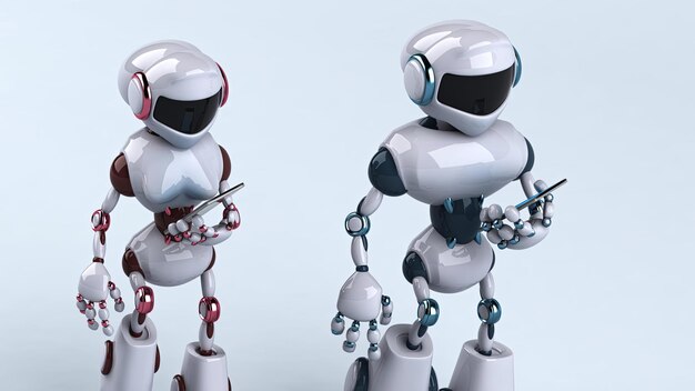 Divertido robot 3D caminando y usando un teléfono inteligente