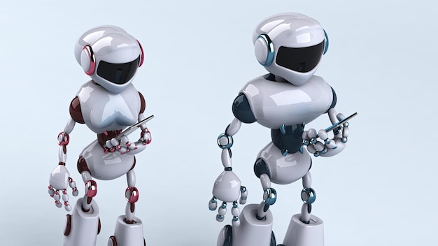 Divertido robot 3D caminando y usando un teléfono inteligente