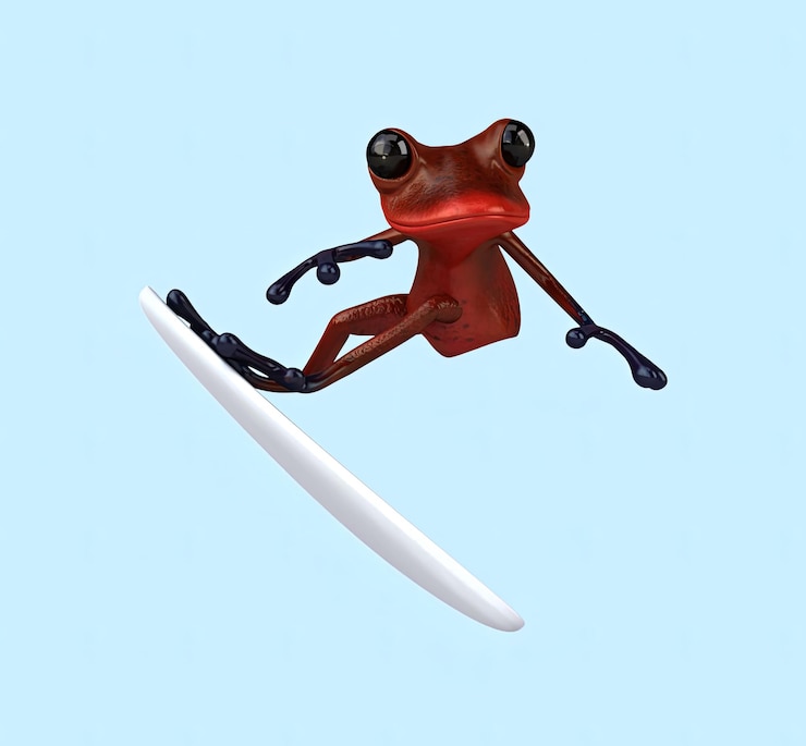 Foto gratuito divertido surf de ranas de dibujos animados en 3d