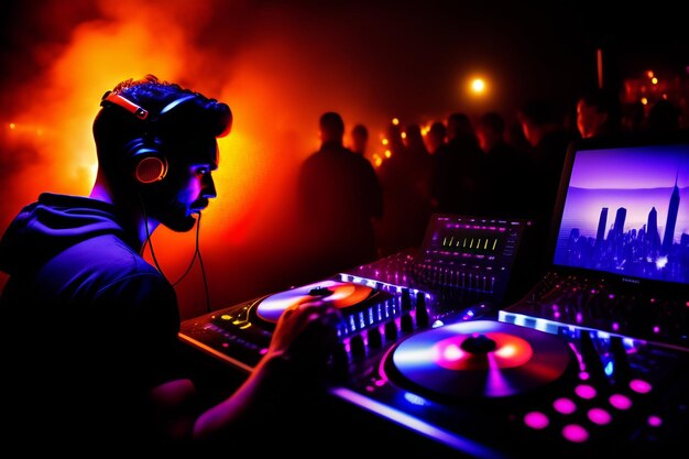 Dj con auriculares y dj en un club.