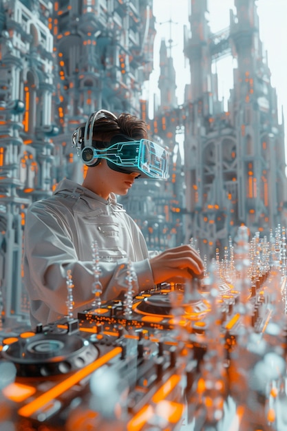 DJ futurista usando gafas de realidad virtual para encabezar la fiesta y tocar música