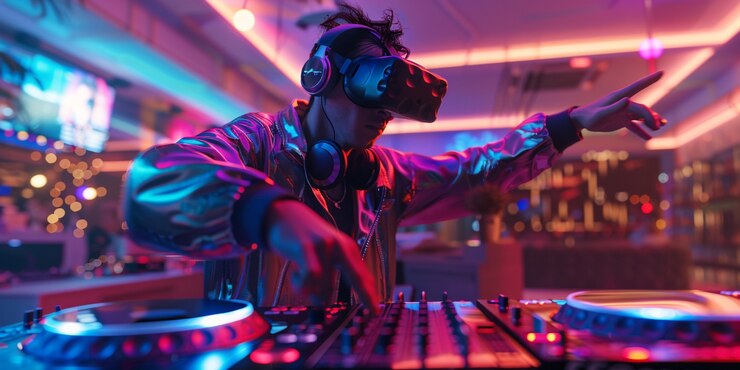 Foto gratuito dj futurista usando gafas de realidad virtual para encabezar la fiesta y tocar música