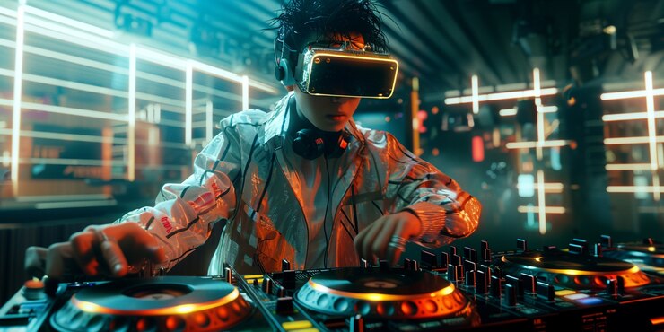Foto gratuito dj futurista usando gafas de realidad virtual para encabezar la fiesta y tocar música