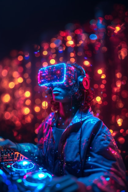 Foto gratuita dj futurista usando gafas de realidad virtual para encabezar la fiesta y tocar música
