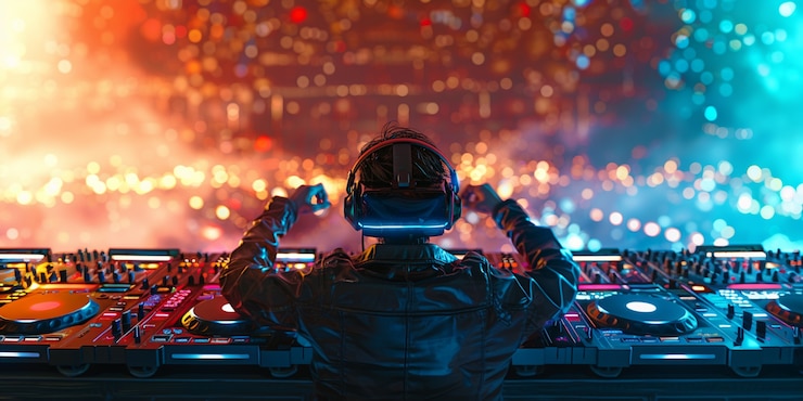 Foto gratuito dj futurista usando gafas de realidad virtual para encabezar la fiesta y tocar música