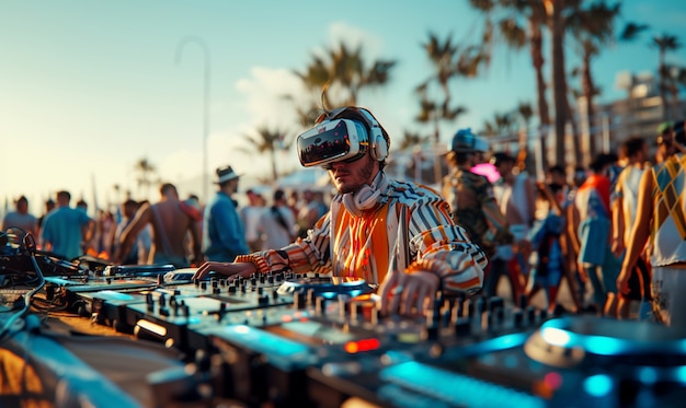 DJ futurista usando gafas de realidad virtual para encabezar la fiesta y tocar música