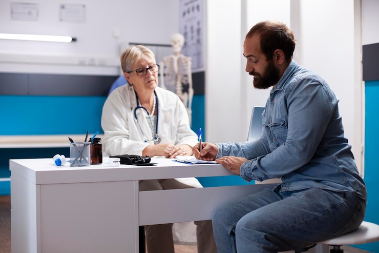 Foto gratuito el doctor apoya al joven con formularios
