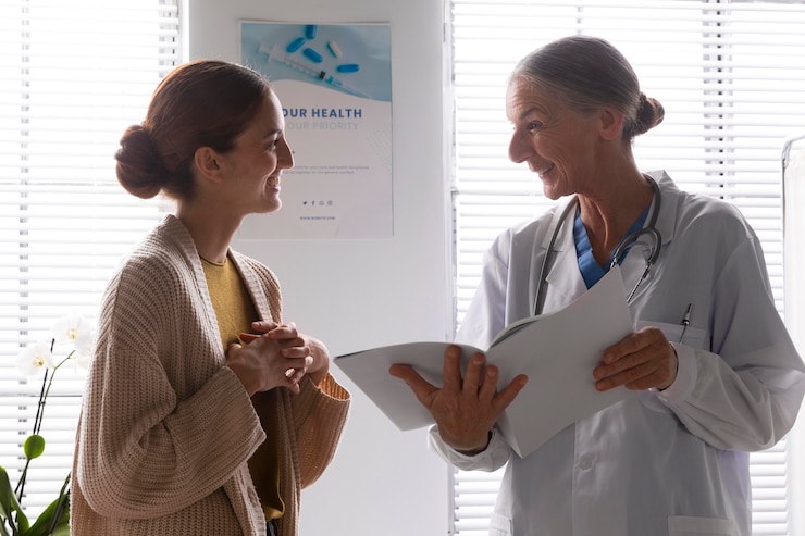 Foto gratuito doctor hablando con la esposa de un paciente