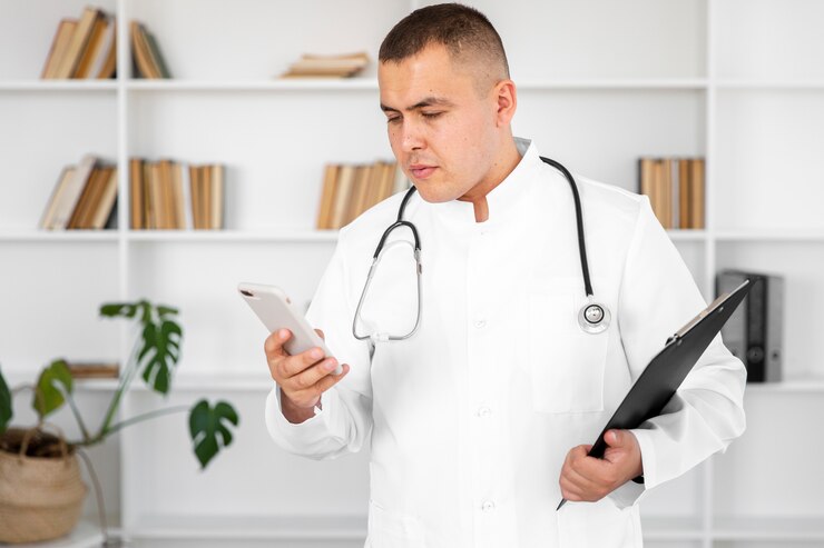 Foto gratuito doctor hombre sosteniendo un teléfono y un portapapeles