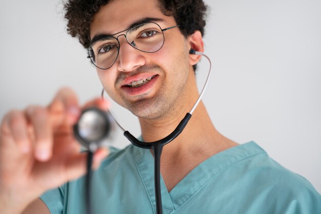 Doctor sonriente de vista frontal con estetoscopio