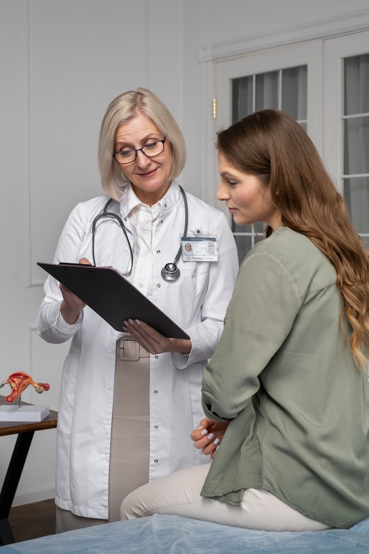 Foto gratuito doctor de tiro medio hablando con paciente