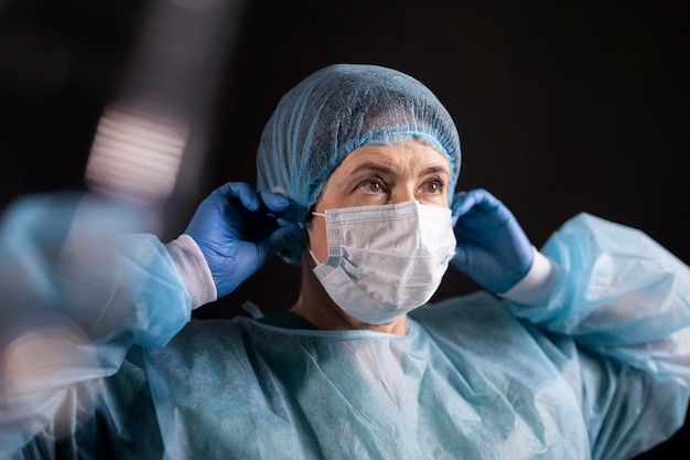 Foto gratuita doctor de tiro medio poniéndose mascarilla