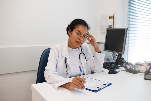 Foto gratuita doctor de tiro medio sentados en el escritorio