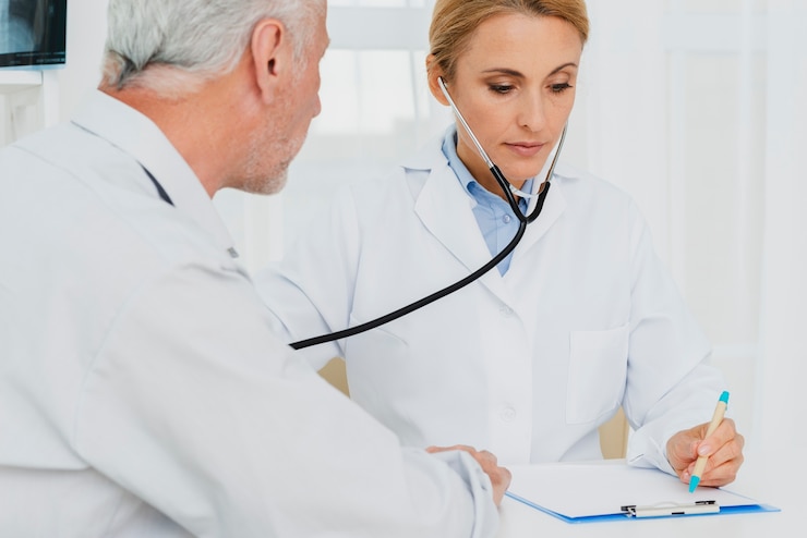 Foto gratuito doctor tomando notas mientras ausculta