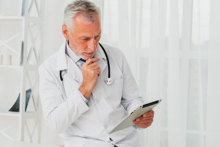 Foto gratuito doctor usando tableta mientras la mano está en la barbilla