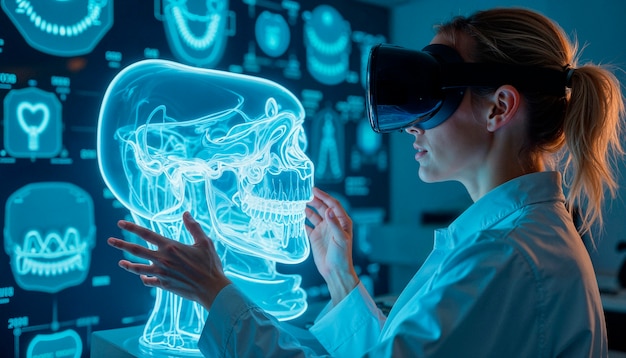 Doctor using vr to examine a 3d skull model