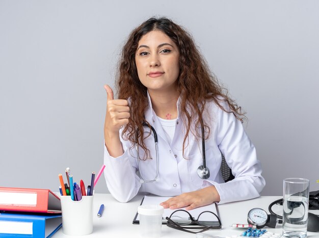 Doctora joven complacida con bata médica y estetoscopio sentado en la mesa con herramientas médicas manteniendo la mano en la mesa mirando al frente mostrando el pulgar hacia arriba aislado en la pared blanca