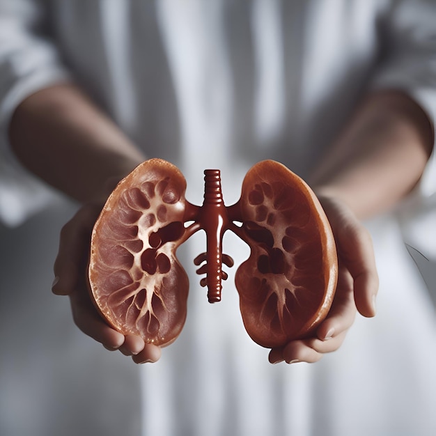 Foto gratuita doctora sosteniendo el modelo de riñón humano en sus manos vista de cerca