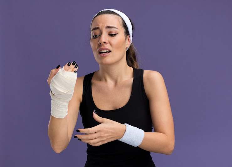 Foto gratuito doloroso joven bastante deportivo con diadema y muñequeras mirando la muñeca lesionada envuelta con una venda manteniendo las manos en el aire aisladas en la pared púrpura con espacio de copia
