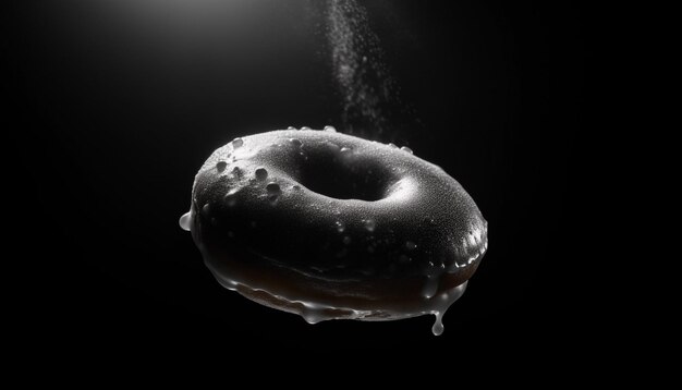 Donut de chocolate gourmet levita sobre agua oscura generada por IA